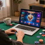 Player immersed in new pk luck casino poker gameplay on laptop, vibrant graphics highlighted.