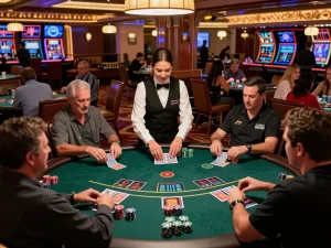 Hit club players strategizing at a lively blackjack table in an elegant casino setting.