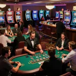 N88 players engaged in exciting blackjack action at a vibrant casino table, showcasing dynamic gameplay.