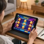 Engage with okking1 by playing exciting slots on a tablet in a cozy home setting.