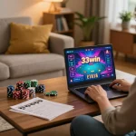 Experience the thrill of online poker with 33win in a cozy home setting.