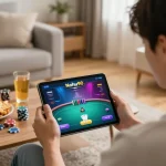 Nohu90 user plays poker online in a cozy living room, showcasing strategic gameplay.