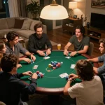 Friends enjoying an intense game at the 800 club poker night in a cozy home atmosphere