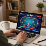 Player engaging in a strategic poker game on lv88 from a cozy home office setup, fostering responsible gaming practices