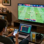 Person placing bets on sports with QQ88 app in engaging home environment, showing excitement and strategy.