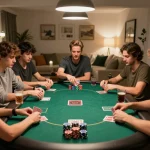 Friends enjoying a thrilling game of poker at home, playing 258bet with excitement around the table.