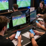 Players engaging in dynamic sports betting activities at LV88, surrounded by real-time sports updates.