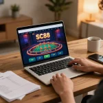 SC88 online gaming interface with personalized laptop setup for strategic betting.