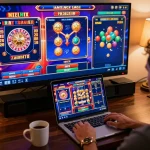 Player immersing in GO8 online casino gaming with vibrant screen showing various games while enjoying a cozy atmosphere