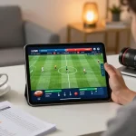 F8BET betting action on a tablet showcasing live sports scores in a modern home office.