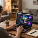 Person engaged in online nhacaiuytinn gaming at home, showcasing laptop with strategy notes.