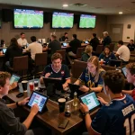 Bsport enthusiasts engaged in sports betting, analyzing odds in a modern lounge setting.