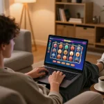 Engaging in online slots at 789clubgo with a laptop in a cozy living room setting.
