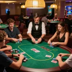 Hitclub players thrillingly engage in intense poker game at a lively casino table.