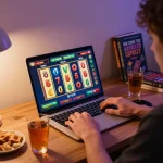 Nohu90 player enjoying an online slot game at home, showcasing excitement and strategy.