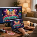 Experience dynamic gameplay at Ee88's online casino with engaging live dealer games and immersive home setup.