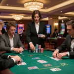 Players strategize during a high-stakes poker game at lc88 casino, showcasing chips and cards in an elegant setting.
