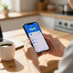 Tải app Sky88 interface shown on smartphone, highlighting mobile gaming experience in a cozy kitchen.