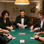 Players enjoying intense poker game at BL555, analyzing strategies and managing chips.