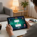 kuwin-vn player engaged in online poker game on tablet with strategic notes and cozy home setup.