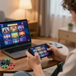 Engaging in slot gacor gameplay on a smartphone while enjoying a cozy home setting.