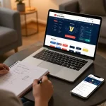Engaging in sports betting at tylekeonhacai88 with live odds displayed on laptop in cozy home setting.