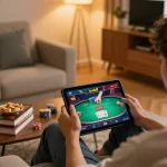 Engaging gameplay at Luck8 casino on a tablet, featuring poker cards and chips in a cozy home setting.