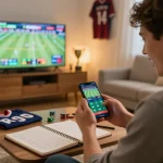 Engaged player using 789win789 for dynamic sports betting at home, with live game stats on screen.