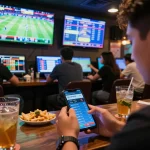 Engaging sports betting scene showing a player using kèo nhà cái 5 app for real-time wagering.