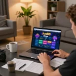 Engaged player performing jun88 đăng nhập on laptop in a cozy living room setting.