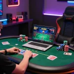 Person engaged in an exciting vin88 poker game on laptop with colorful chips and cards