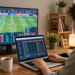 Person studying keobongda betting odds on laptop in a cozy home office.