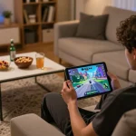 Play engaging DW8 online casino game on a tablet while enjoying a cozy home setting