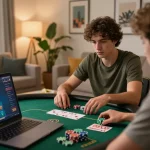 Engaging online poker gameplay with 789Club in a cozy home setting, showcasing strategy and comfort