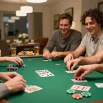 Friends enjoying a lively poker game at home, showcasing f168 casual gaming atmosphere and vibrant interactions.