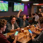 Exciting sports betting scene showcasing friends cheering and placing bets, enhancing their ty-le-keo experience.