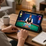 Vin88 player engaged in a live blackjack game using a tablet in a cozy home setting, showcasing strategic elements.