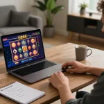 Experience U888 online slots in a cozy home setting with strategic gaming notes visible.