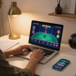 Player enjoying online f168 games at home with strategic notes and modern setup