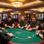 XIBET players strategizing at an upscale poker table amidst intense gameplay