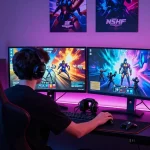 Immersive NSFW games gaming setup with vibrant displays and collectibles.