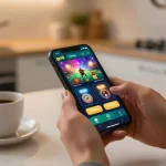 Engaging in mobile gambling with go8 casino app on a smartphone in a cozy setting