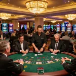 Engaged players at SC88 blackjack table experience strategic gameplay in luxurious casino.