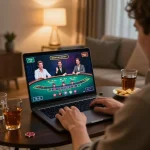 Engaging in live dealer baccarat with debet on a laptop in cozy home setup