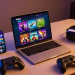 Hitclub online gaming experience with diverse games on laptop and smartphone in vibrant digital atmosphere.