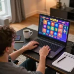 Engaged player immersed in MM88 online slot gaming, showcasing dynamic interface on a laptop in a cozy home setting