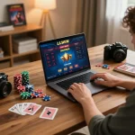 Engaged player experiencing LLWIN's live casino gaming at home, highlighting online strategy.