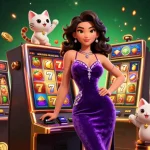 Cổng Game Sunwin features an exciting 3D scene with a glamorous woman celebrating a jackpot on a slot machine.