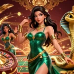 Engage in thrilling sports betting with nhà cái sbobet featuring emerald-clad woman and golden cobra in action.