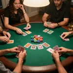 79 king poker game night setup with players focusing on their cards and chips